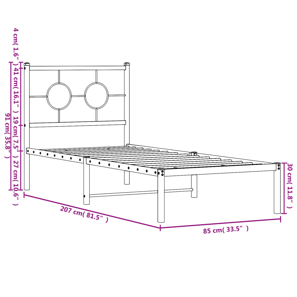 vidaXL Metal Bed Frame without Mattress with Headboard Black 80x200cm