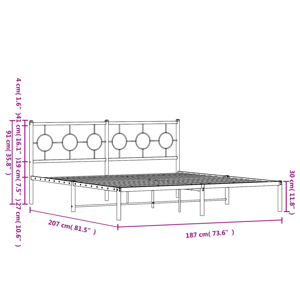 vidaXL Metal Bed Frame without Mattress with Headboard Black 180x200cm