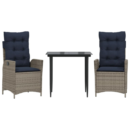 vidaXL 3 Piece Garden Dining Set with Cushions Grey Poly Rattan