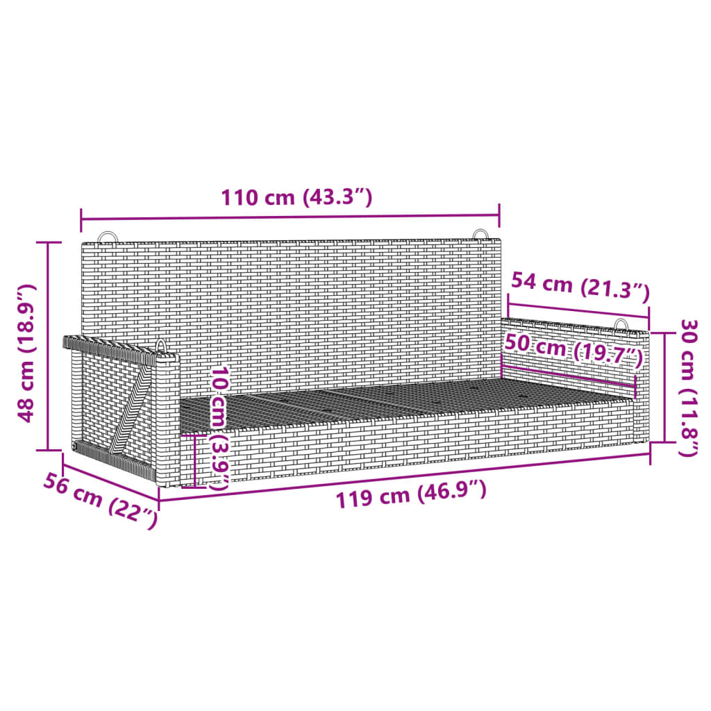 vidaXL Swing Bench Black 119x56x48 cm Poly Rattan