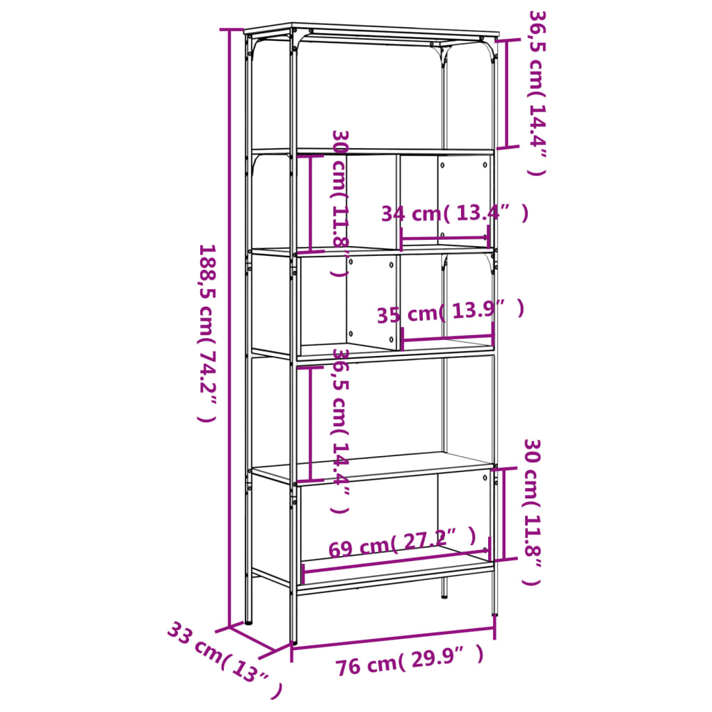 vidaXL Bookcase 5-Tier Smoked Oak 76x33x188.5 cm Engineered Wood