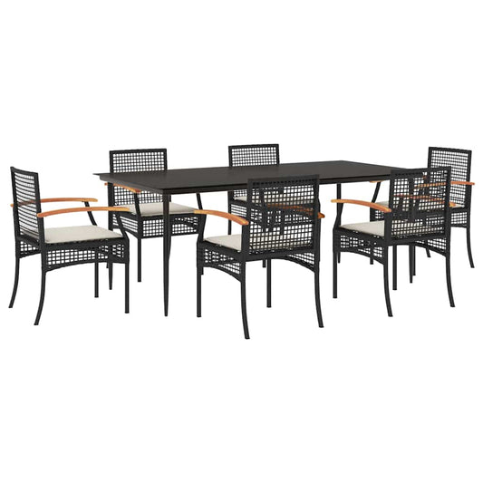 vidaXL 7 Piece Garden Dining Set with Cushions Black Poly Rattan