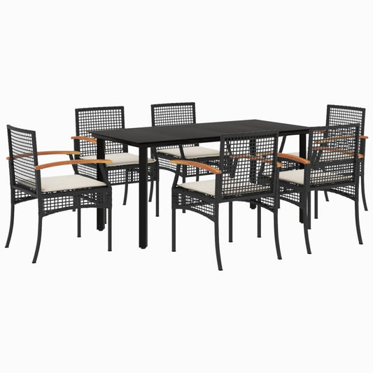 vidaXL 7 Piece Garden Dining Set with Cushions Black Poly Rattan