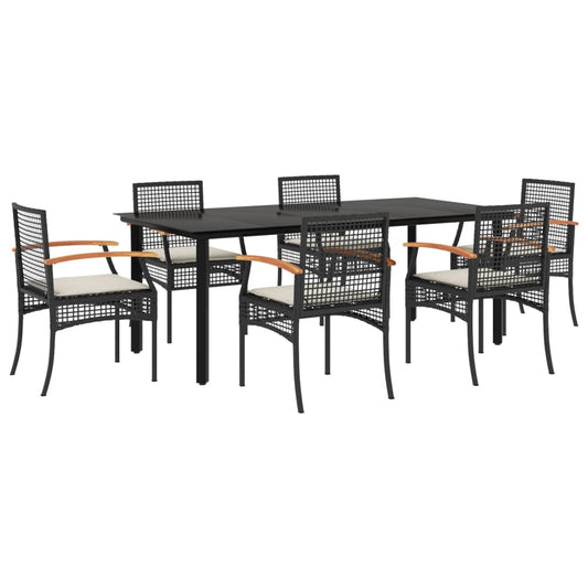 vidaXL 7 Piece Garden Dining Set with Cushions Black Poly Rattan