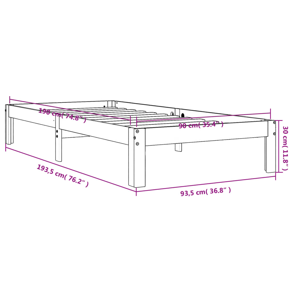 vidaXL Bed Frame without Mattress Wax Brown 90x190 cm Single Solid Wood Pine