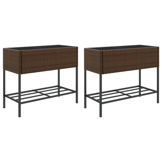 vidaXL Garden Planters with Shelf 2 pcs Brown 90x40x75 cm Poly Rattan