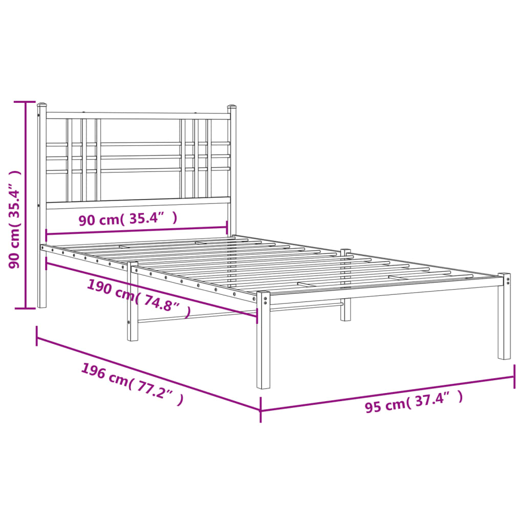 vidaXL Metal Bed Frame without Mattress with Headboard Black 90x190cm