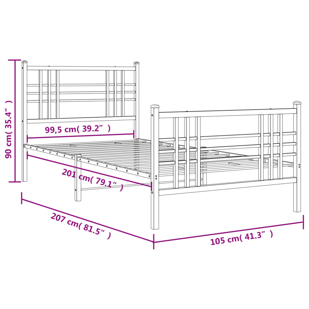 vidaXL Metal Bed Frame without Mattress with Footboard Black 100x200cm