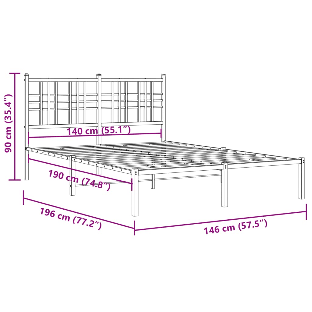 vidaXL Metal Bed Frame without Mattress with Headboard White 140x190cm