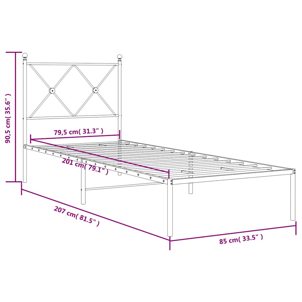 vidaXL Metal Bed Frame without Mattress with Headboard Black 80x200cm