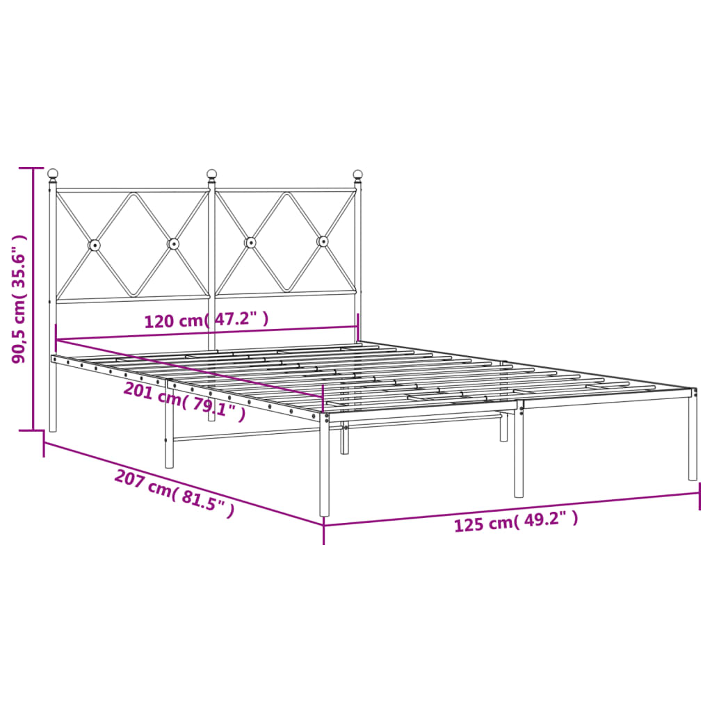vidaXL Metal Bed Frame without Mattress with Headboard Black 120x200cm