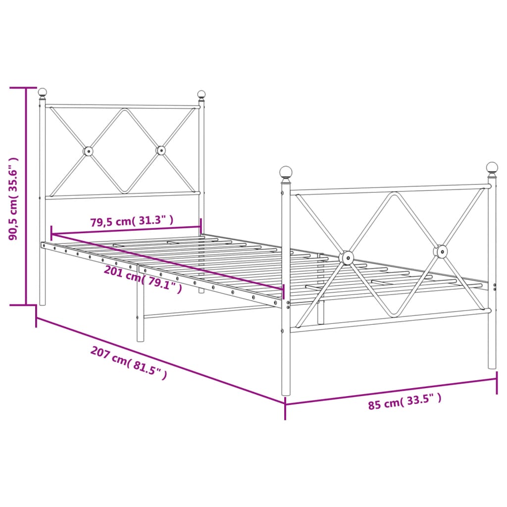 vidaXL Metal Bed Frame without Mattress with Footboard Black 80x200cm