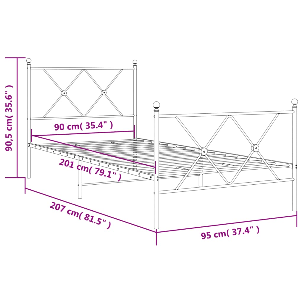 vidaXL Metal Bed Frame without Mattress with Footboard Black 90x200cm