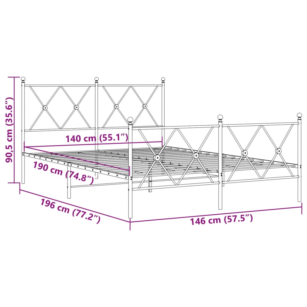 vidaXL Metal Bed Frame without Mattress with Footboard Black 140x190cm
