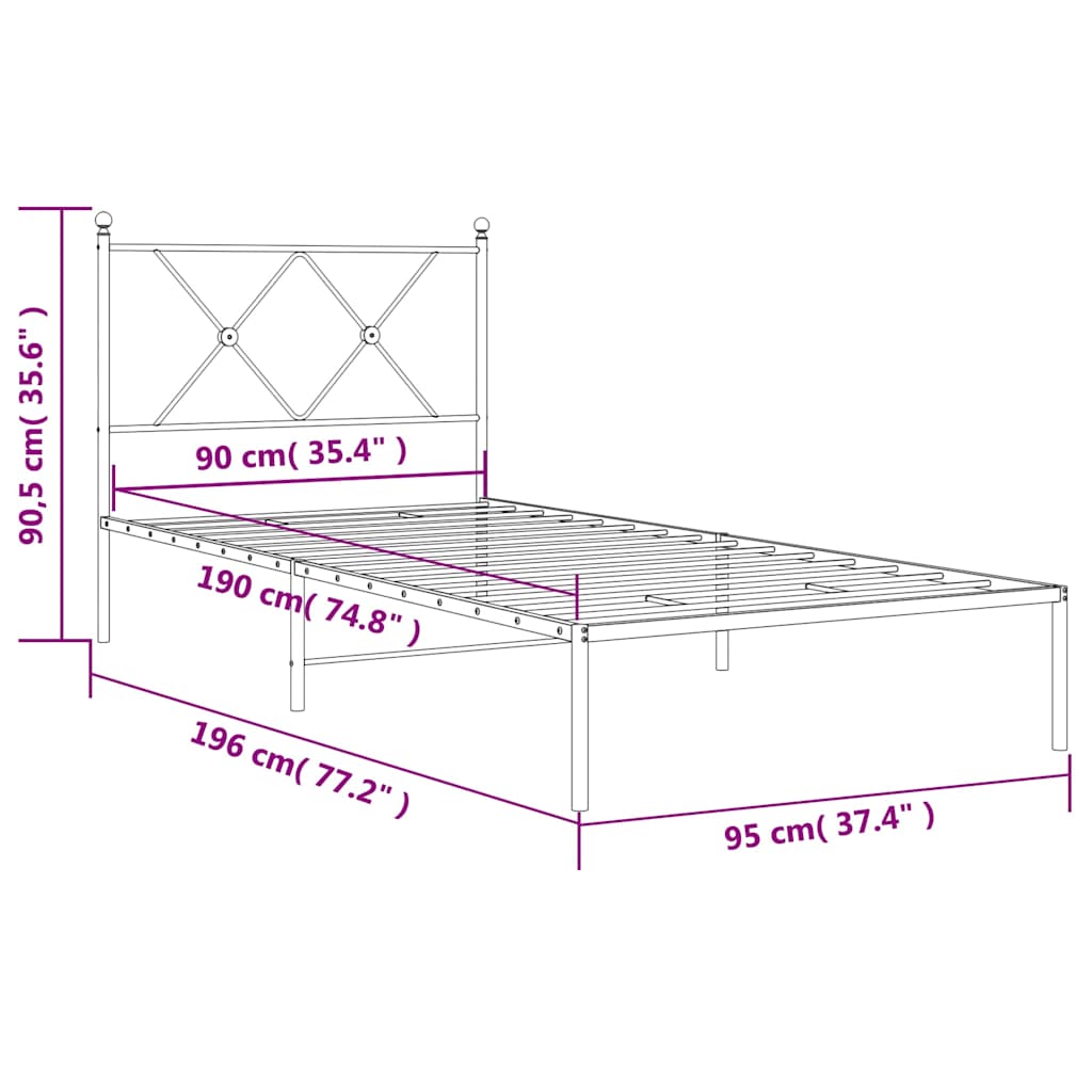vidaXL Metal Bed Frame without Mattress with Headboard White 90x190cm