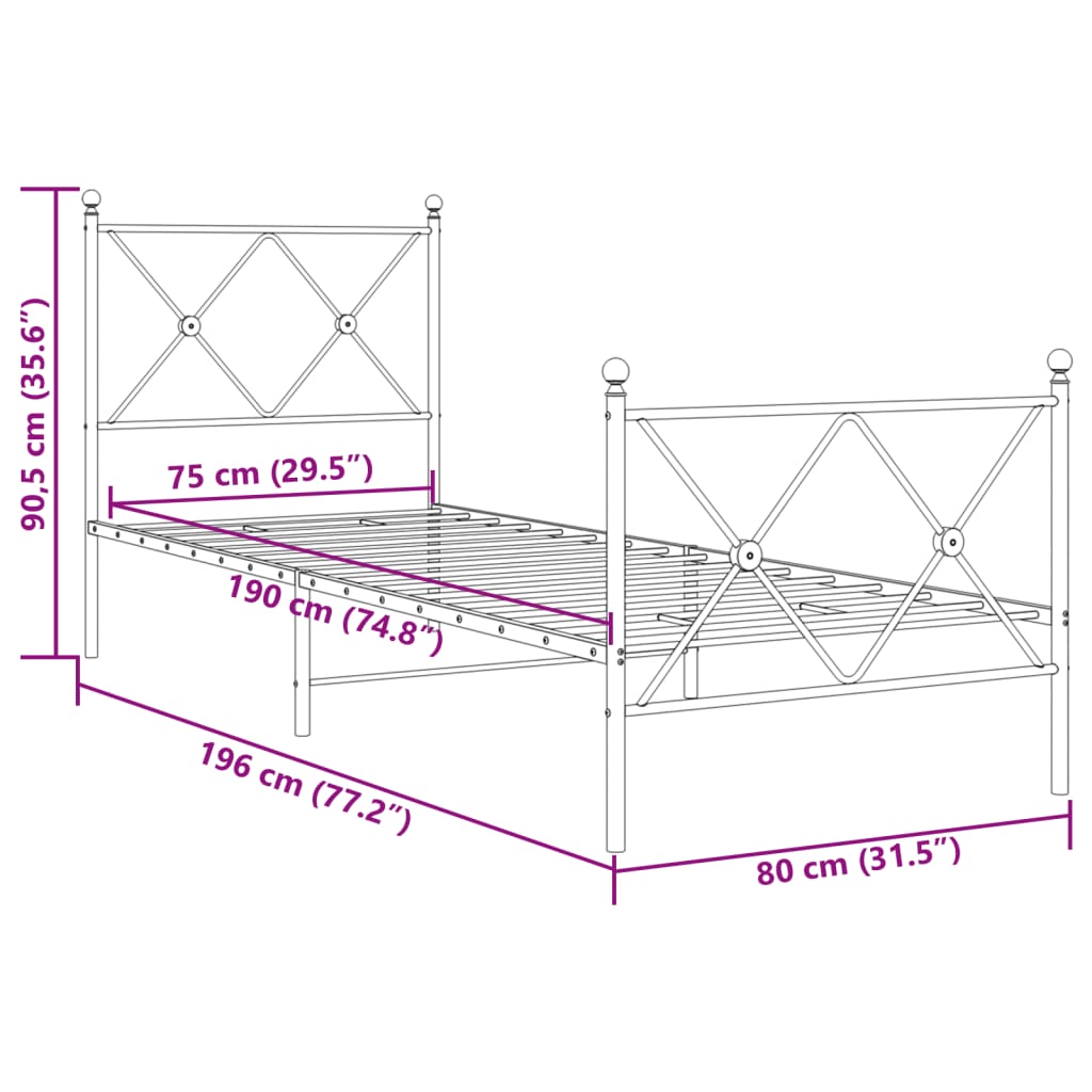 vidaXL Metal Bed Frame without Mattress with Footboard White 75x190cm