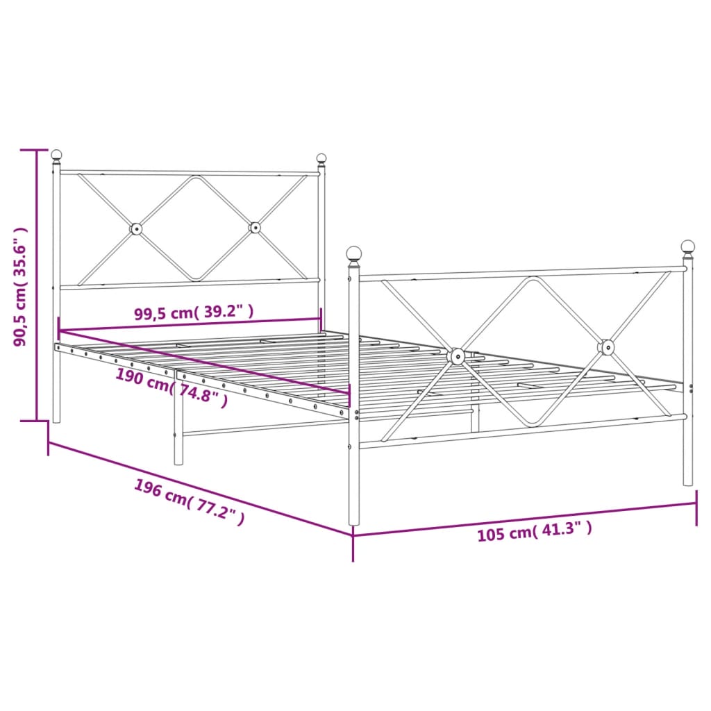 vidaXL Metal Bed Frame without Mattress with Footboard White 100x190cm
