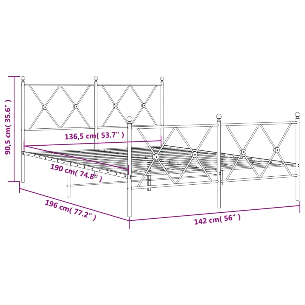 vidaXL Metal Bed Frame without Mattress with Footboard White 137x190cm