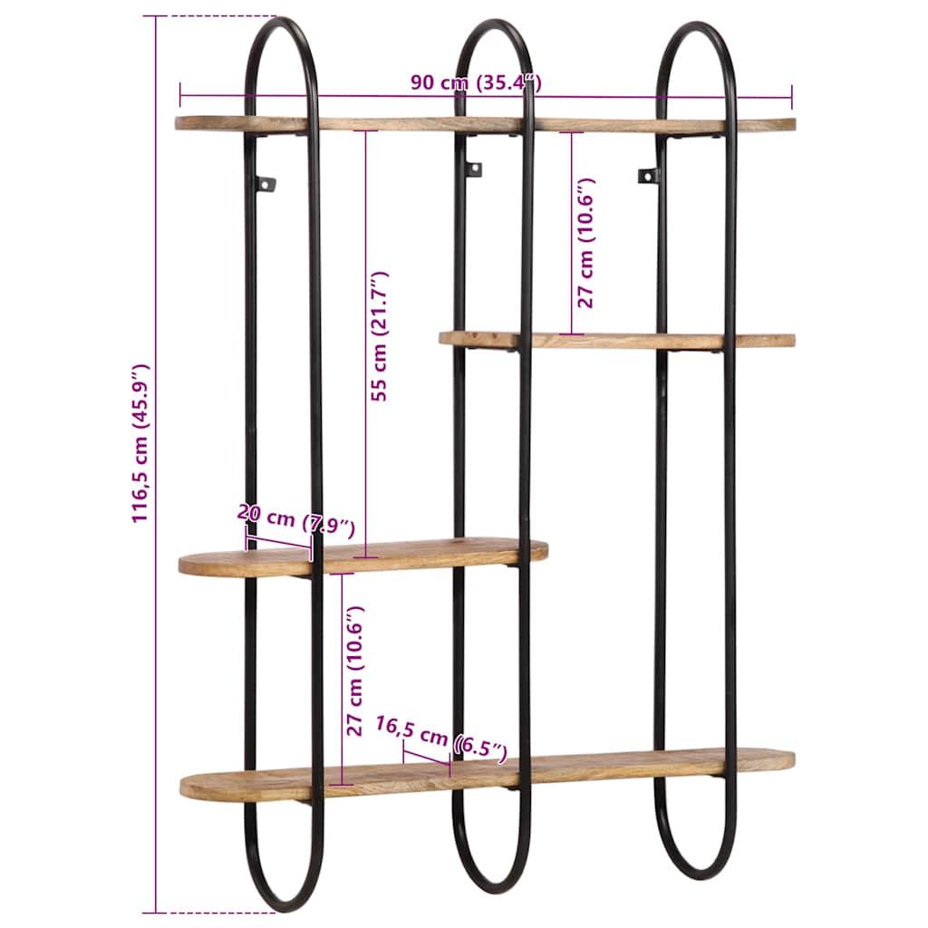vidaXL Wall Shelf 90x20x116.5 cm Solid Rough Wood Mango