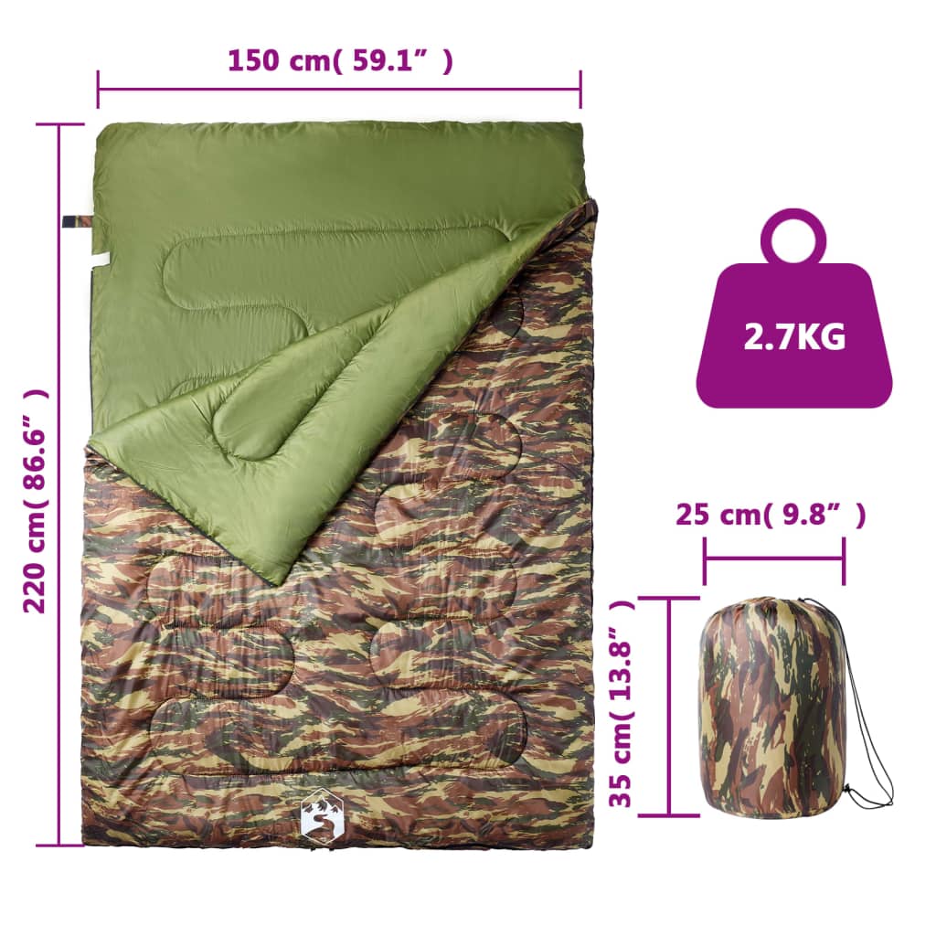 vidaXL Double Sleeping Bag with Pillows for Adults Camping 3-4 Seasons