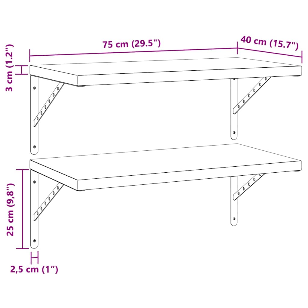 vidaXL Wall Shelves 2 pcs 75x40 cm Black Stainless Steel