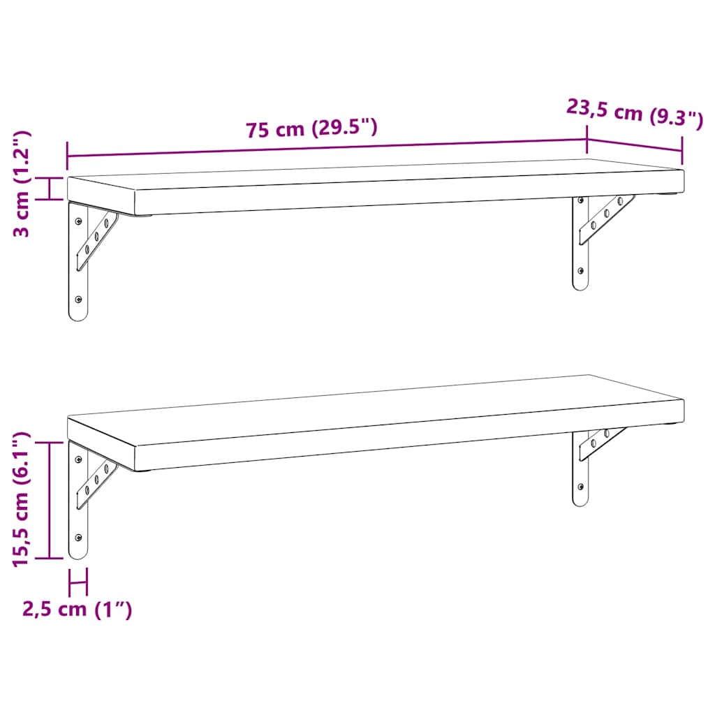 vidaXL Wall Shelves 2 pcs 75x23,5 cm Black Stainless Steel