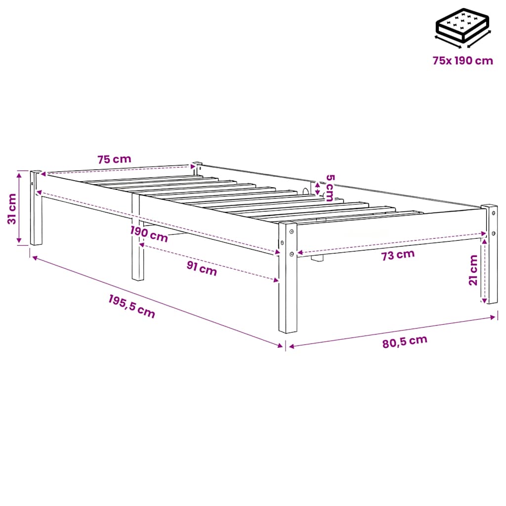 vidaXL Bed Frame without Mattress Wax Brown 75x190 cm Solid Wood Pine
