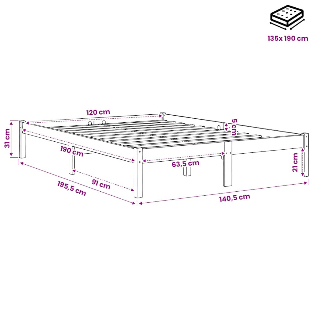 vidaXL Bed Frame without Mattress Wax Brown 135x190 cm Solid Wood Pine