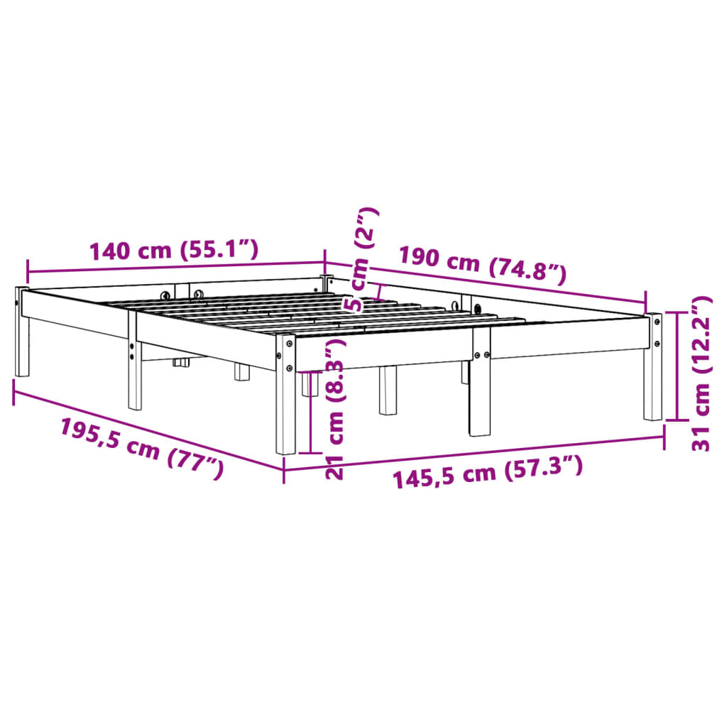 vidaXL Bed Frame without Mattress Wax Brown 140x190 cm Solid Wood Pine