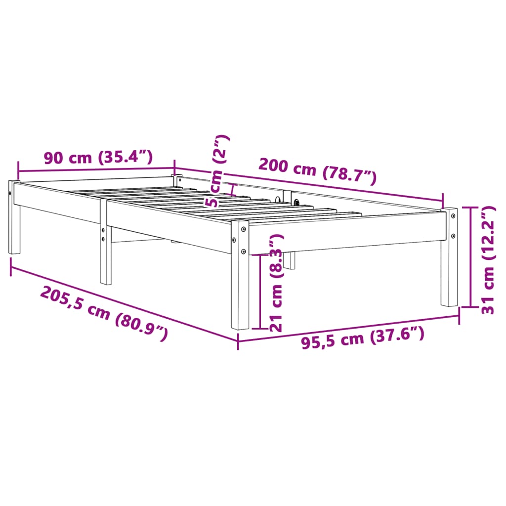 vidaXL Bed Frame without Mattress Wax Brown 90x200 cm Solid Wood Pine