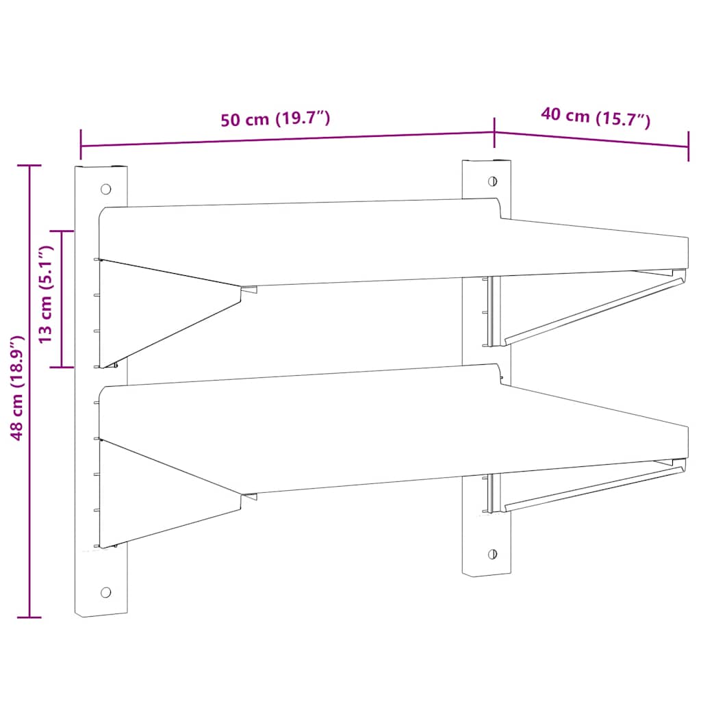 vidaXL 2-Tier Wall Shelf 50x40x48 cm Silver Stainless Steel