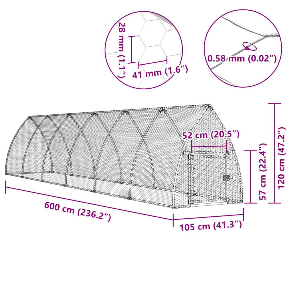 vidaXL Chicken Cage Silver 600x105x120 cm Galvanised Steel