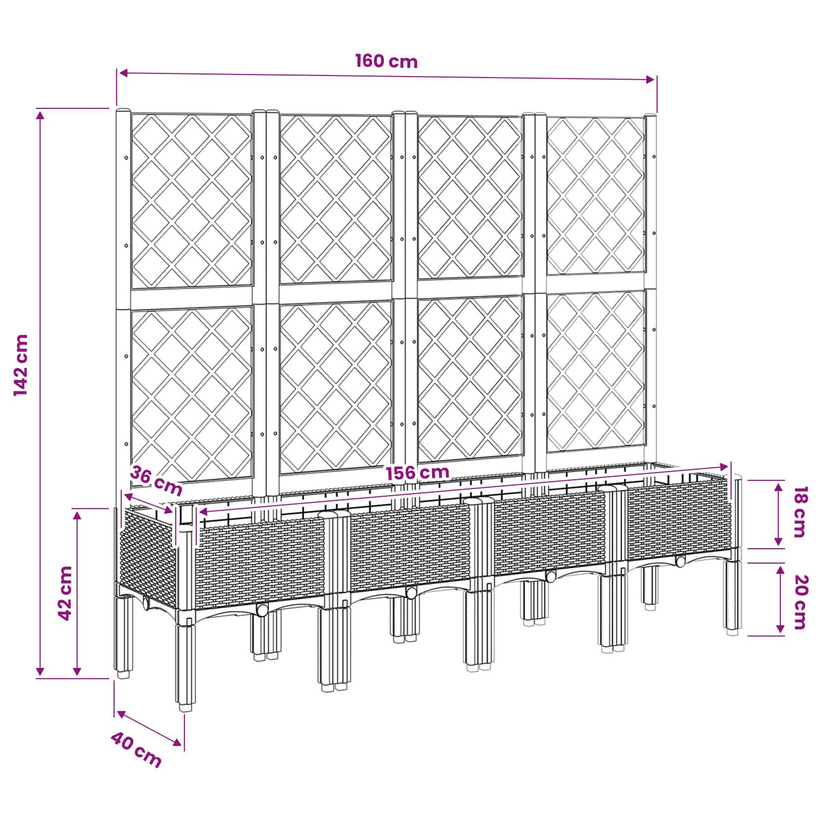 vidaXL Garden Planter with Trellis Light Grey 160x40x142 cm PP
