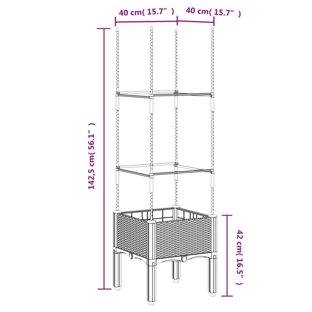 vidaXL Garden Planter with Trellis Light Grey 40x40x142,5 cm PP