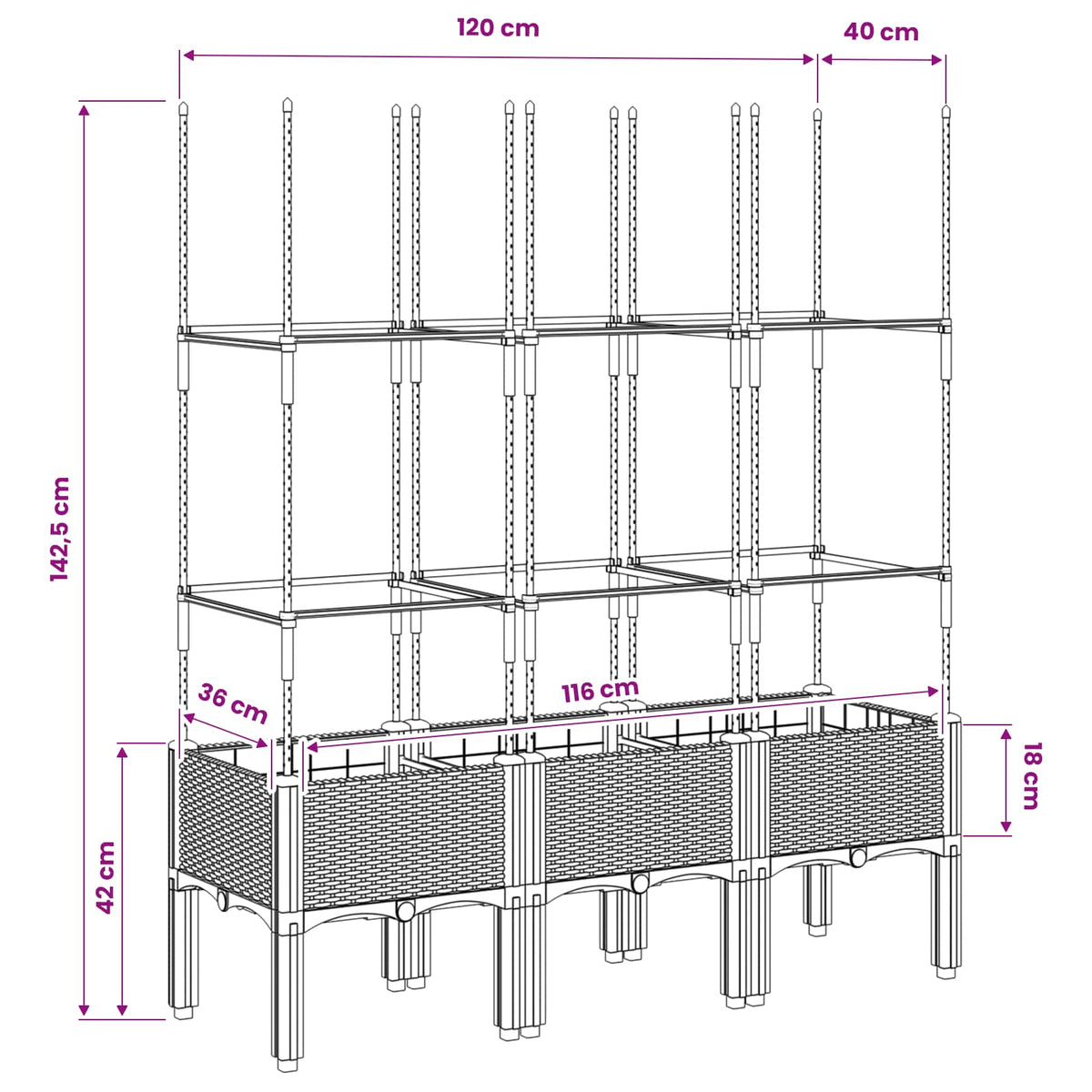 vidaXL Garden Planter with Trellis Light Grey 120x40x142,5 cm PP