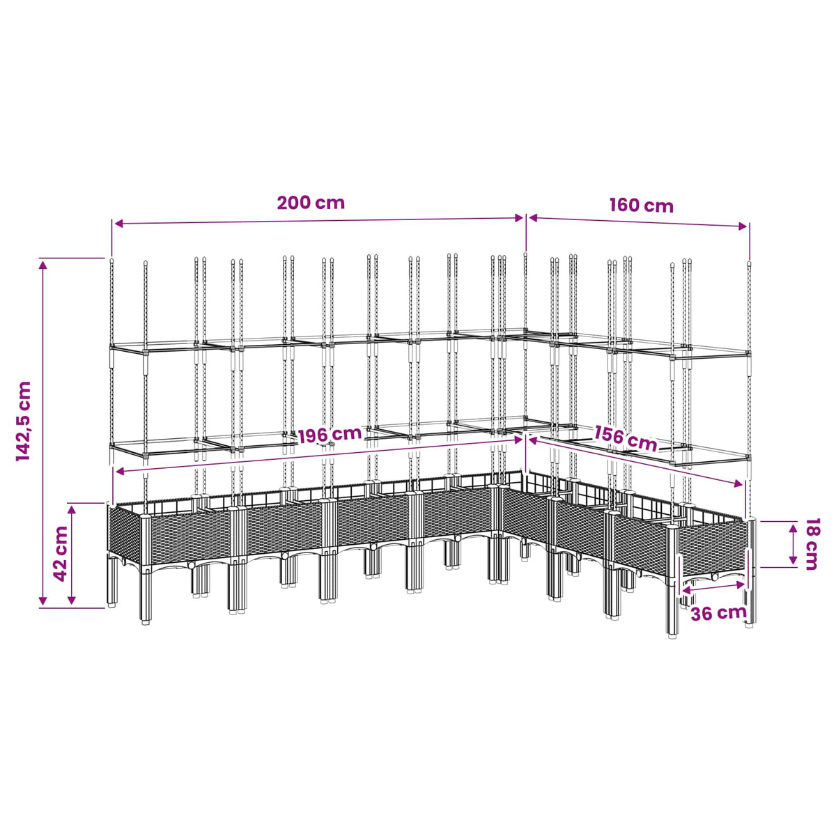 vidaXL Garden Planter with Trellis Light Grey 200x160x142,5 cm PP