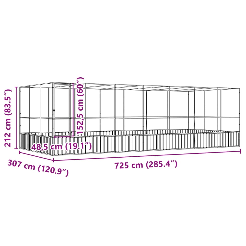 vidaXL Aviary with Extension Silver 725x307x212 cm Steel