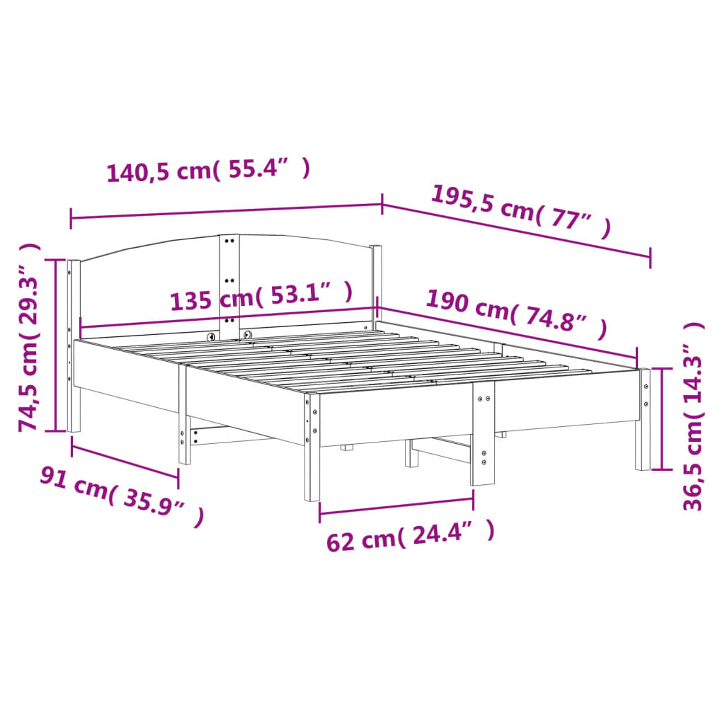 vidaXL Bed Frame | Wax Brown | Solid Pine Wood | 135x190 cm Double