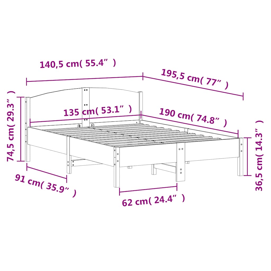 vidaXL Bed Frame without Mattress Wax Brown 135x190 cm Solid Wood Pine