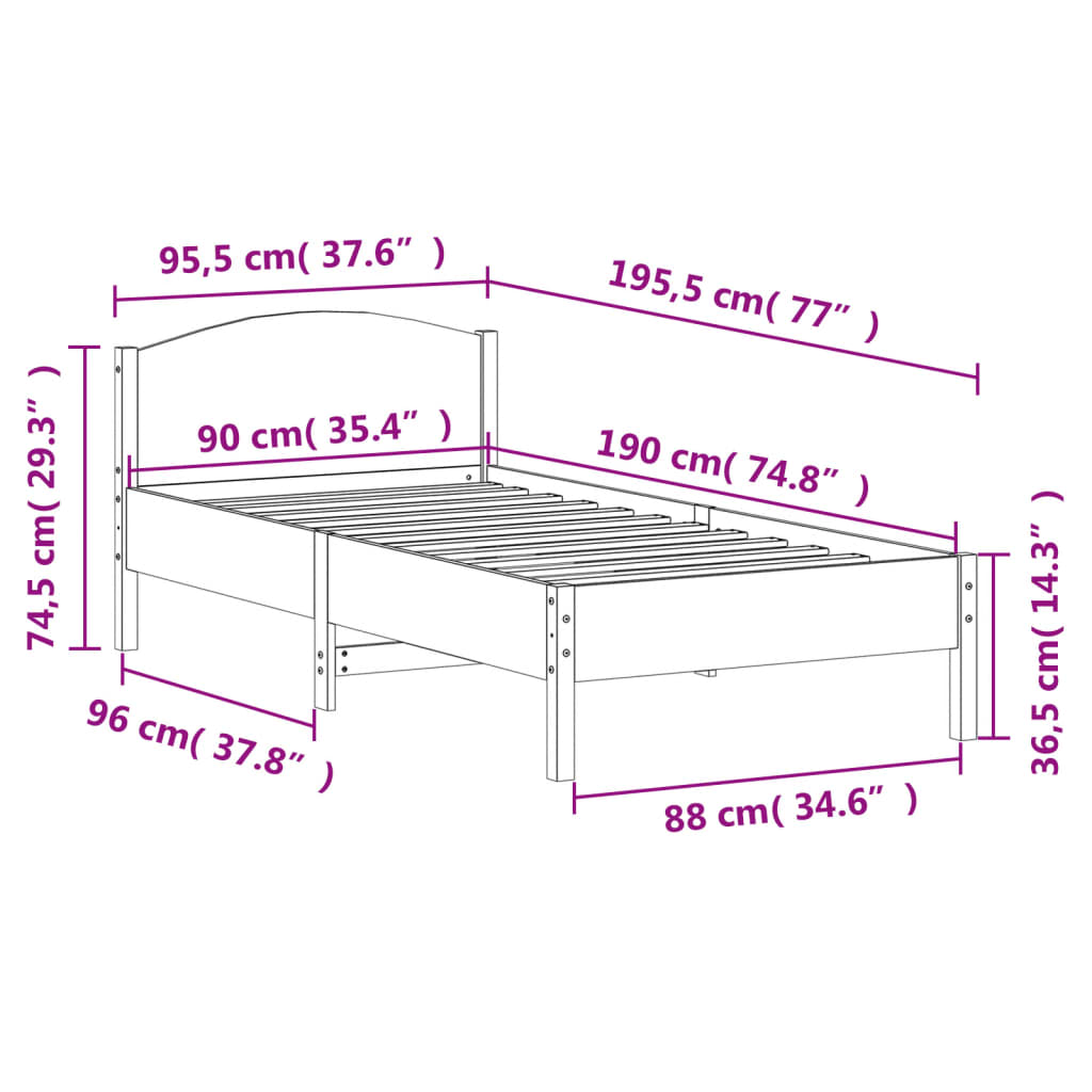 vidaXL Bed Frame without Mattress Wax Brown 90x190 cm Single Solid Wood Pine