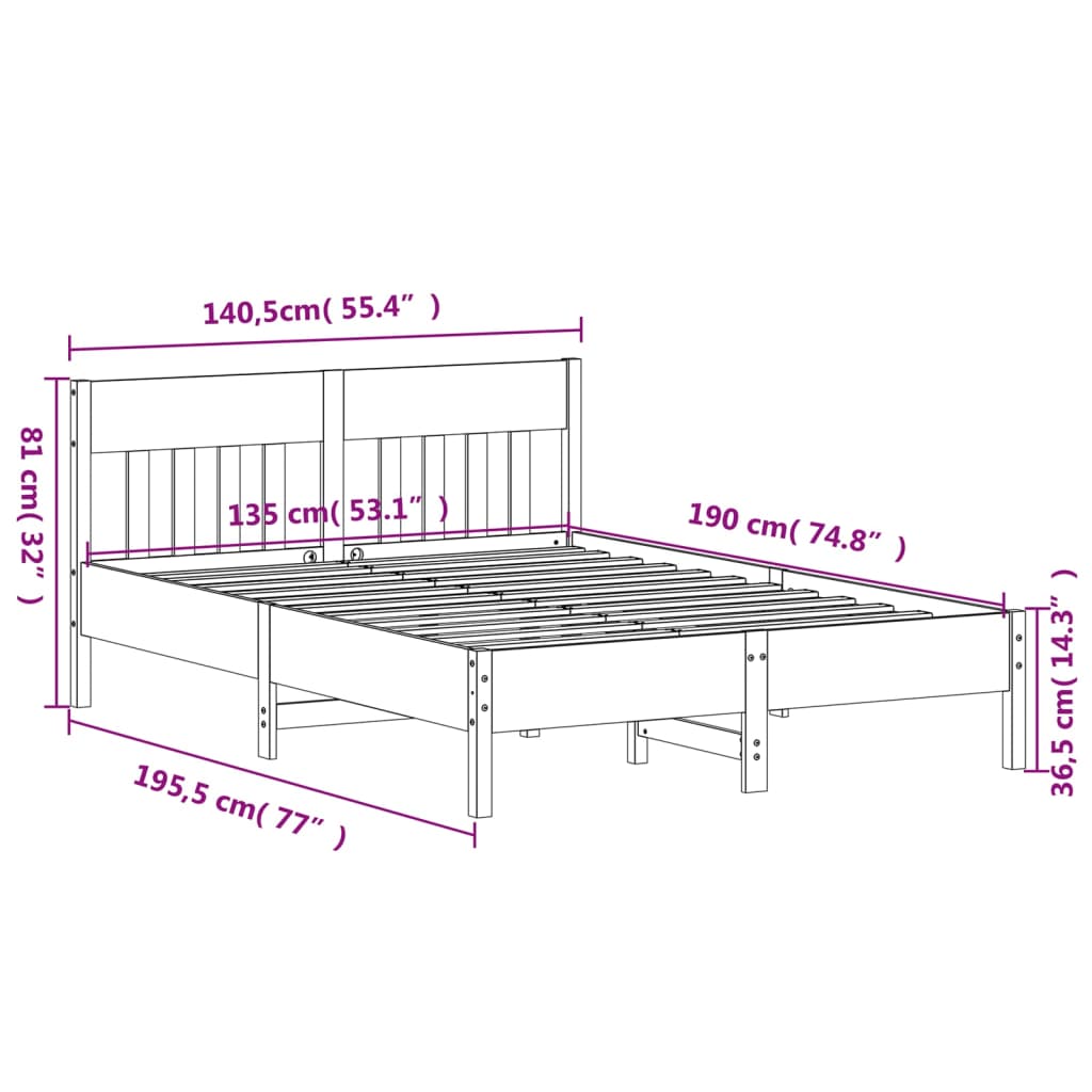 vidaXL Bed Frame without Mattress Wax Brown 135x190 cm Double Solid Wood Pine