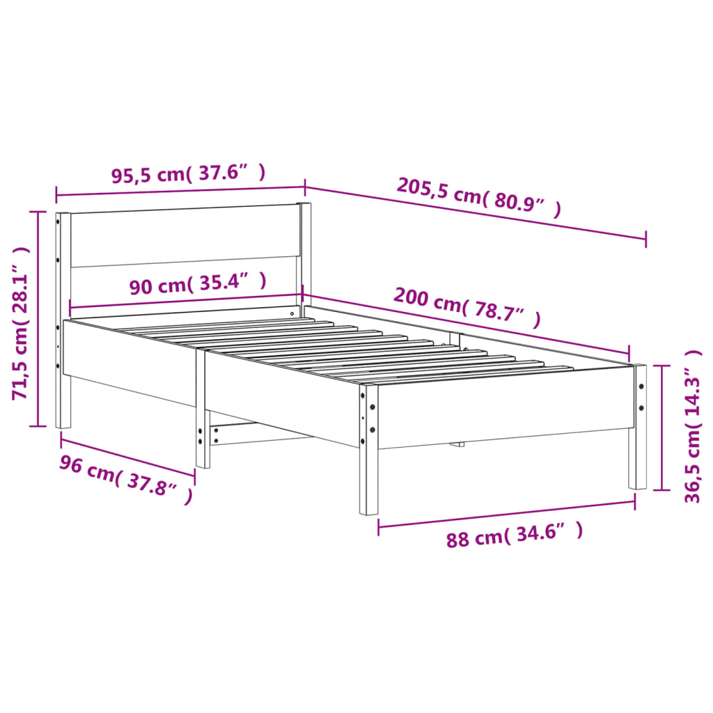 vidaXL Bed Frame without Mattress Wax Brown 90x200 cm Solid Wood Pine