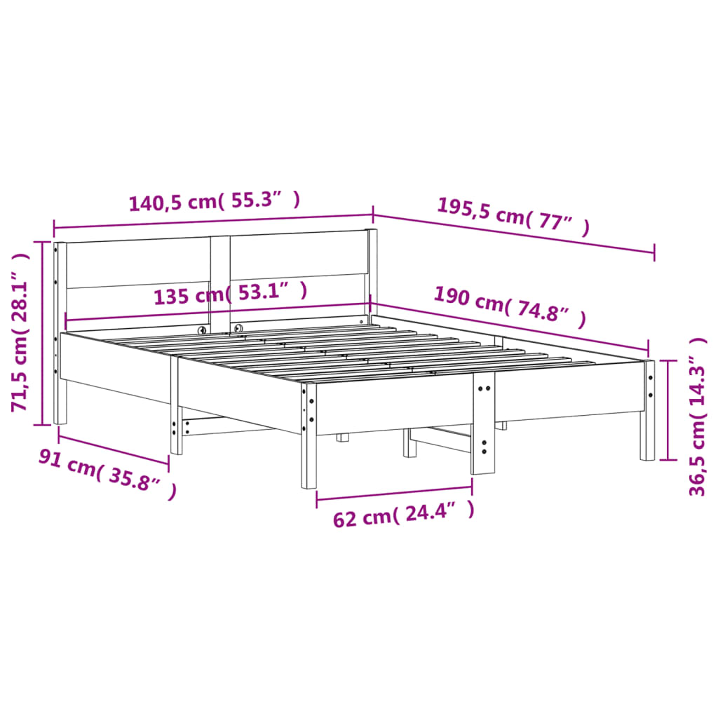 vidaXL Bed Frame without Mattress Wax Brown 135x190 cm Solid Wood Pine