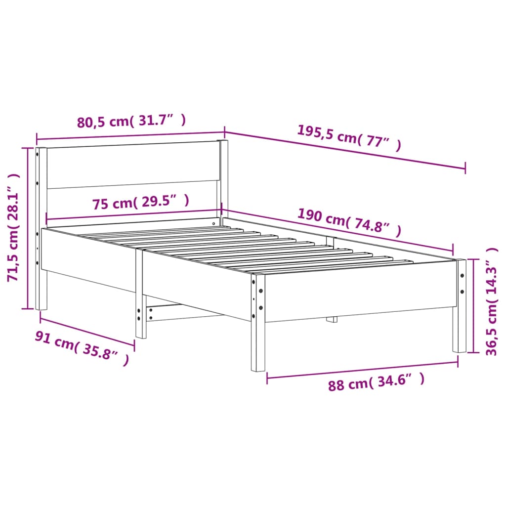 vidaXL Bed Frame without Mattress 75x190 cm Small Single Solid Wood Pine