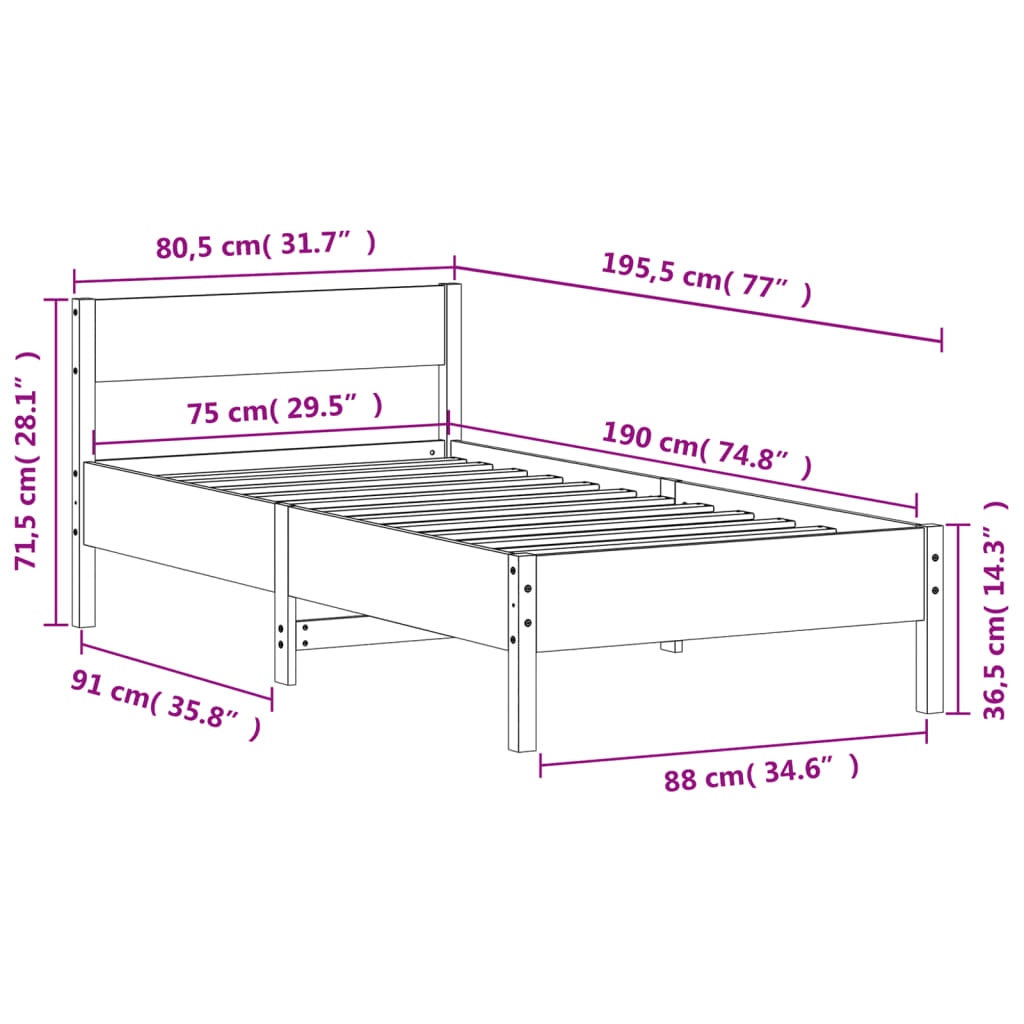 vidaXL Bed Frame without Mattress Wax Brown 75x190 cm Solid Wood Pine