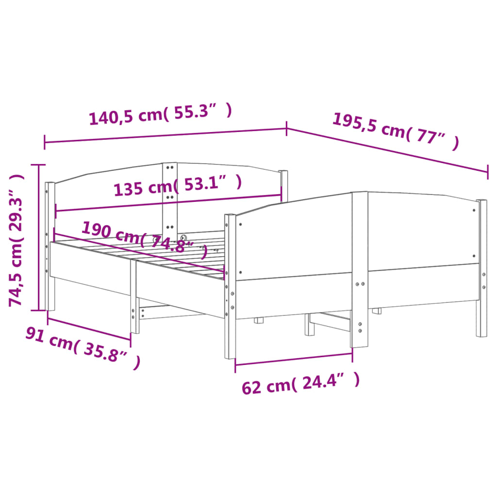 vidaXL Bed Frame without Mattress Wax Brown 135x190 cm Solid Wood Pine