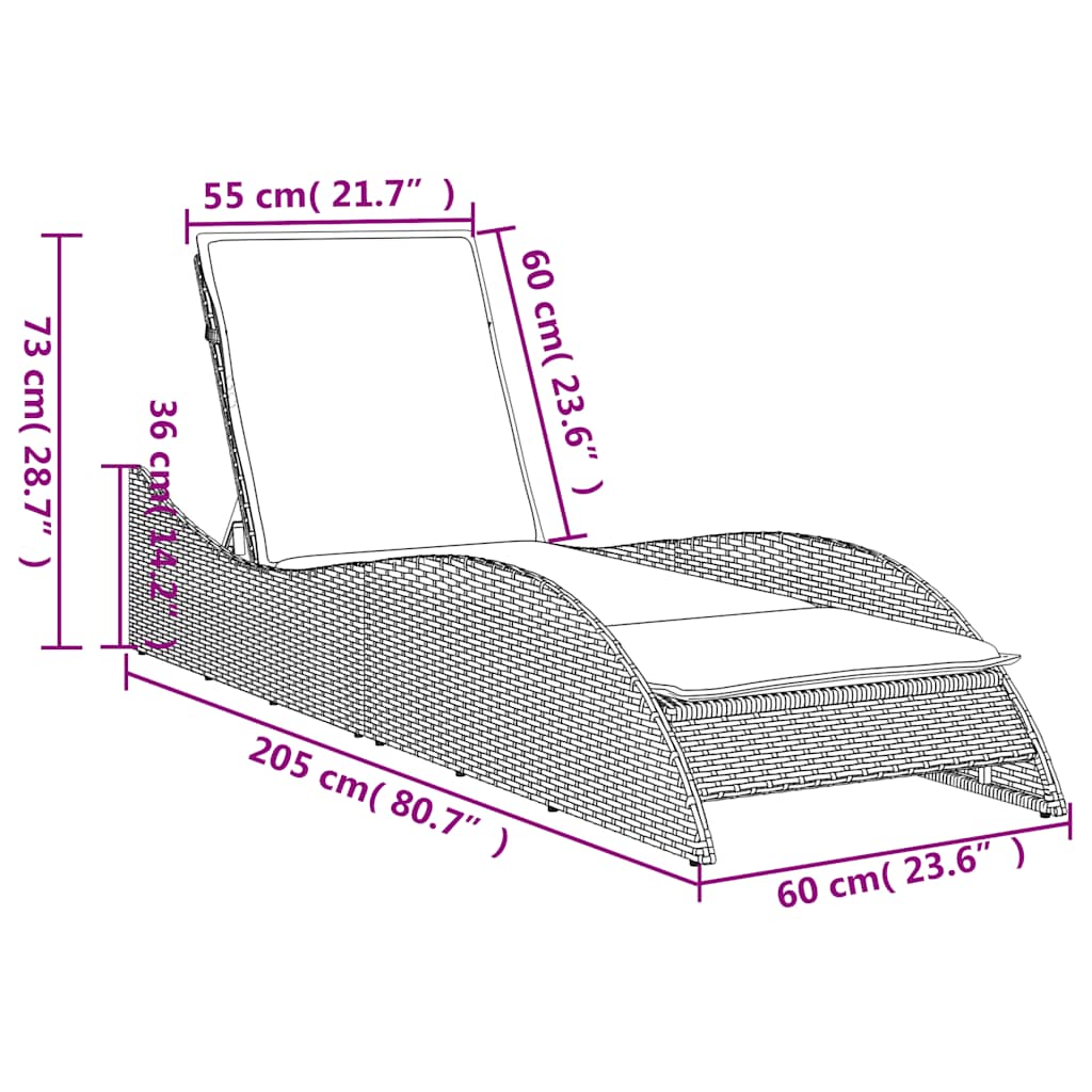 vidaXL Sun Lounger with Cushion Brown 60x205x73 cm Poly Rattan