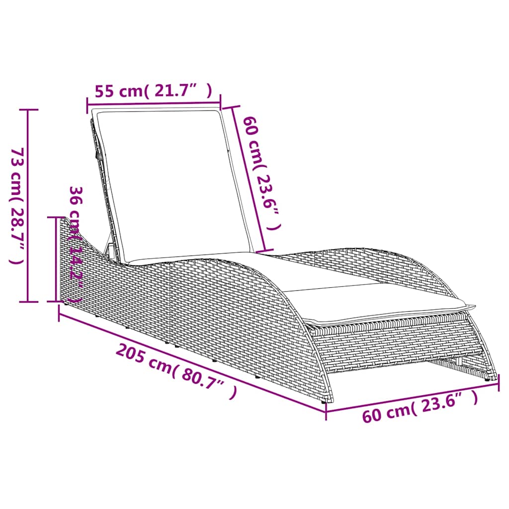 vidaXL Sun Lounger with Cushion Black 60x205x73 cm Poly Rattan