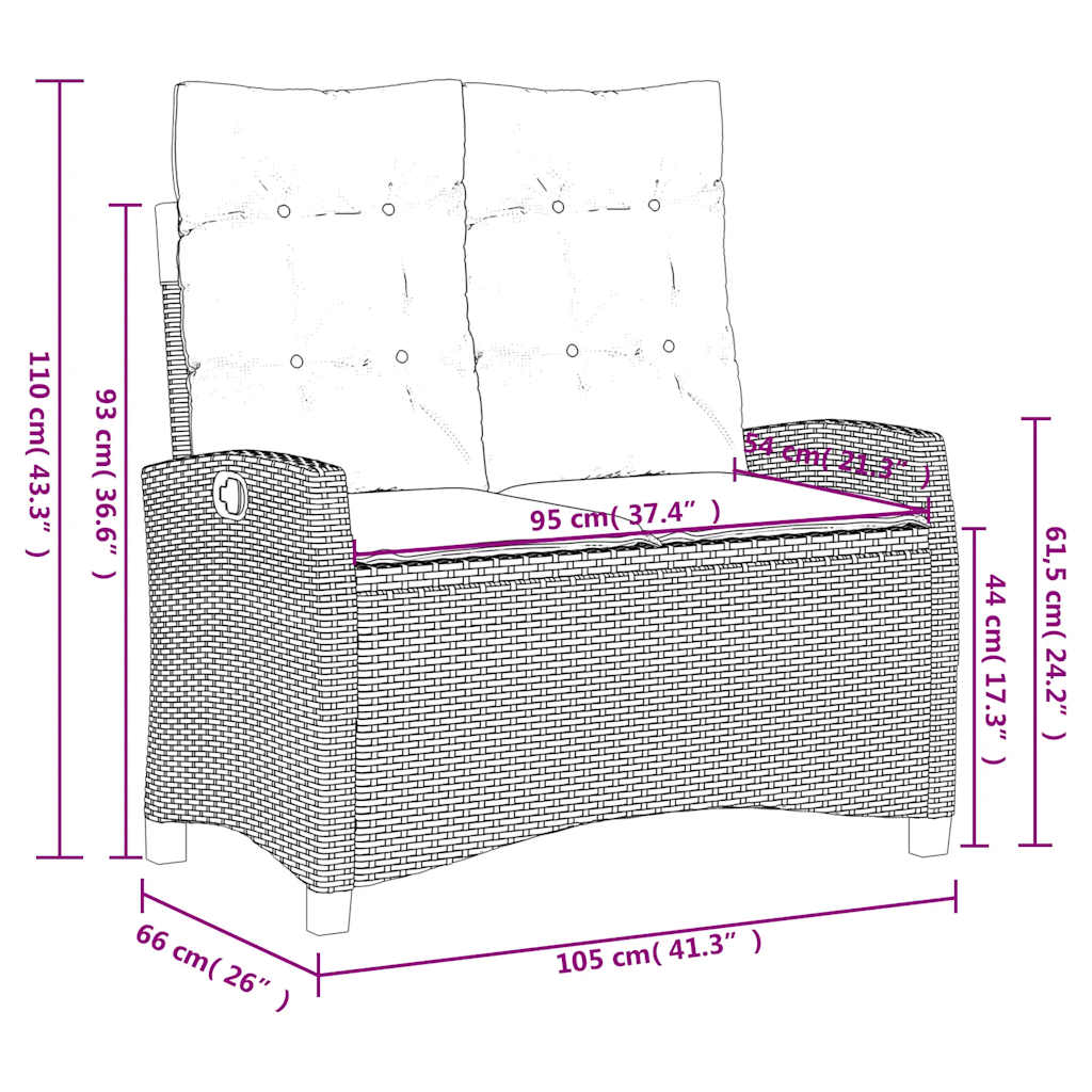 vidaXL Reclining Garden Bench with Cushions Brown Poly Rattan