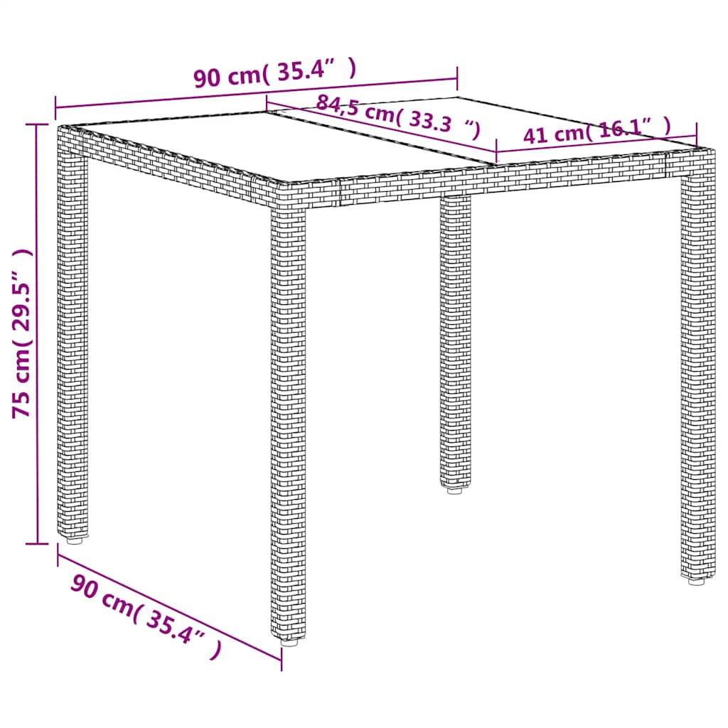 vidaXL Garden Table with Glass Top White 90x90x75 cm Poly Rattan